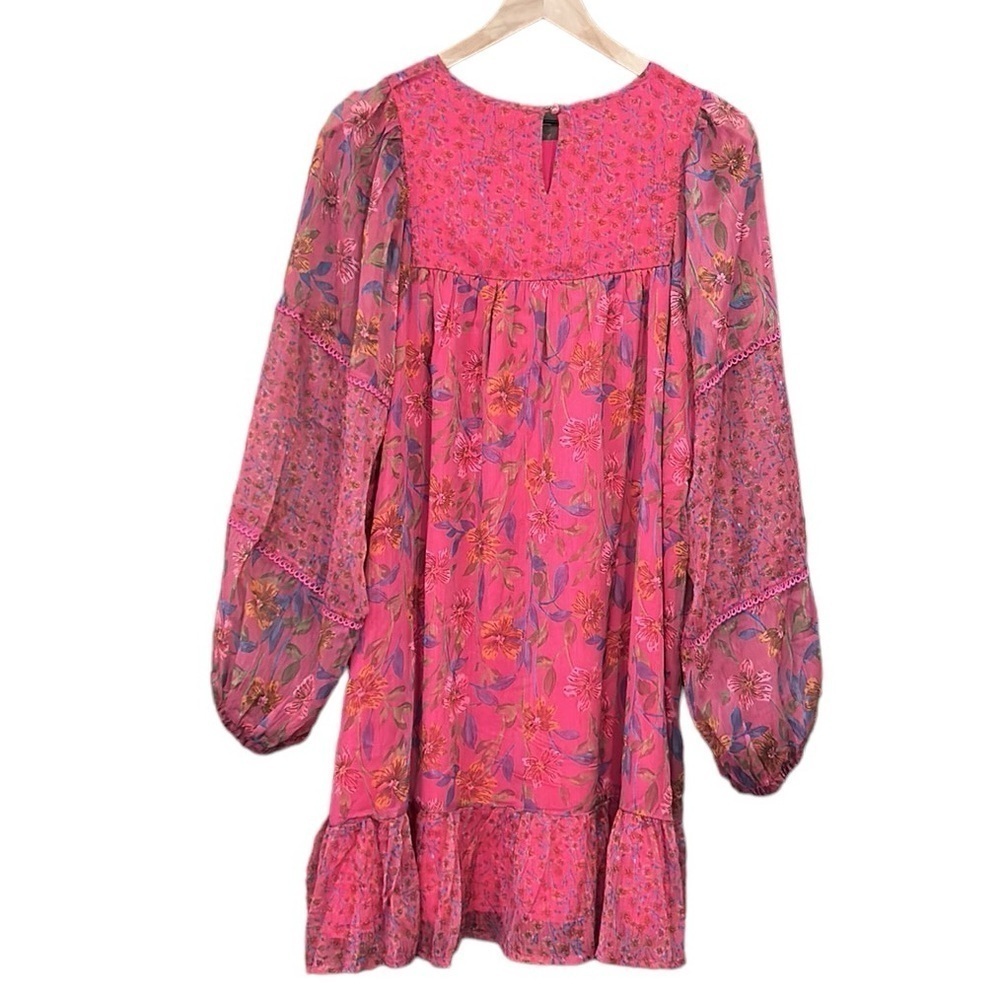 Hailey & Co Floral Boho Style Hot Pink  Long Sleeve Dress Size Medium - Picture 4 of 12